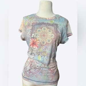 Y2K Baddie xcit u.s.a. Multicolor Pastel Floral Art Embellished T-Shirt Size L